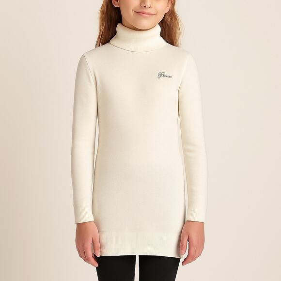 Guess Girls Cream Logo Knit Turtleneck Long Tunic Sweater Size 12 Soft Rayon - Picture 1 of 13